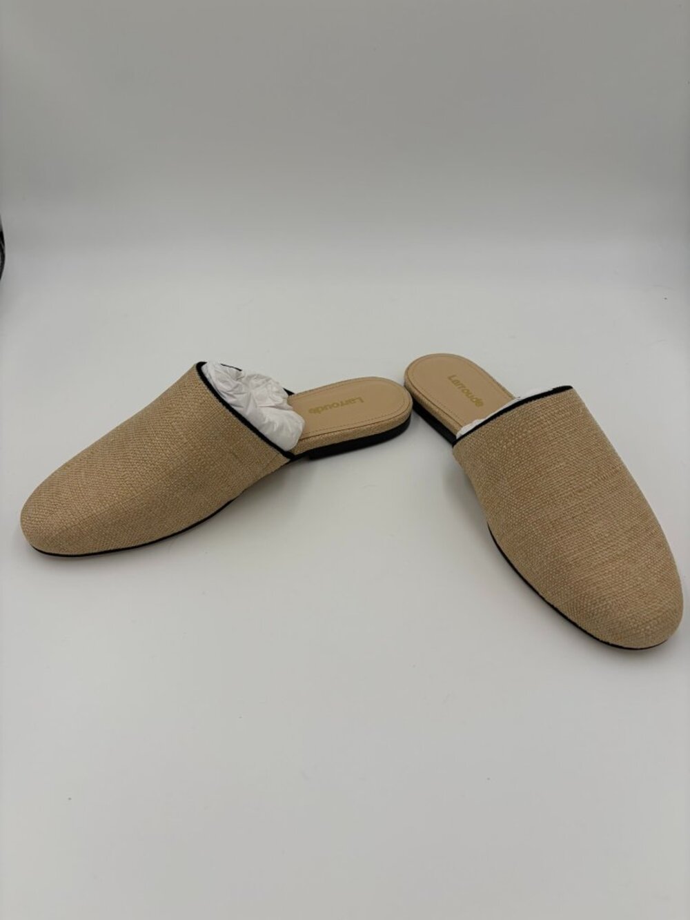 Larroude Venice Flat Mule In Beige Raffia & Leather Black Trim Size 8 / 6.5 NIB